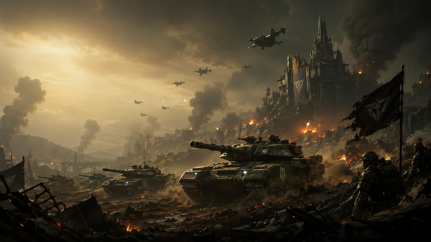 Armored forces advancing toward a fortress across a smoke-filled battlefield