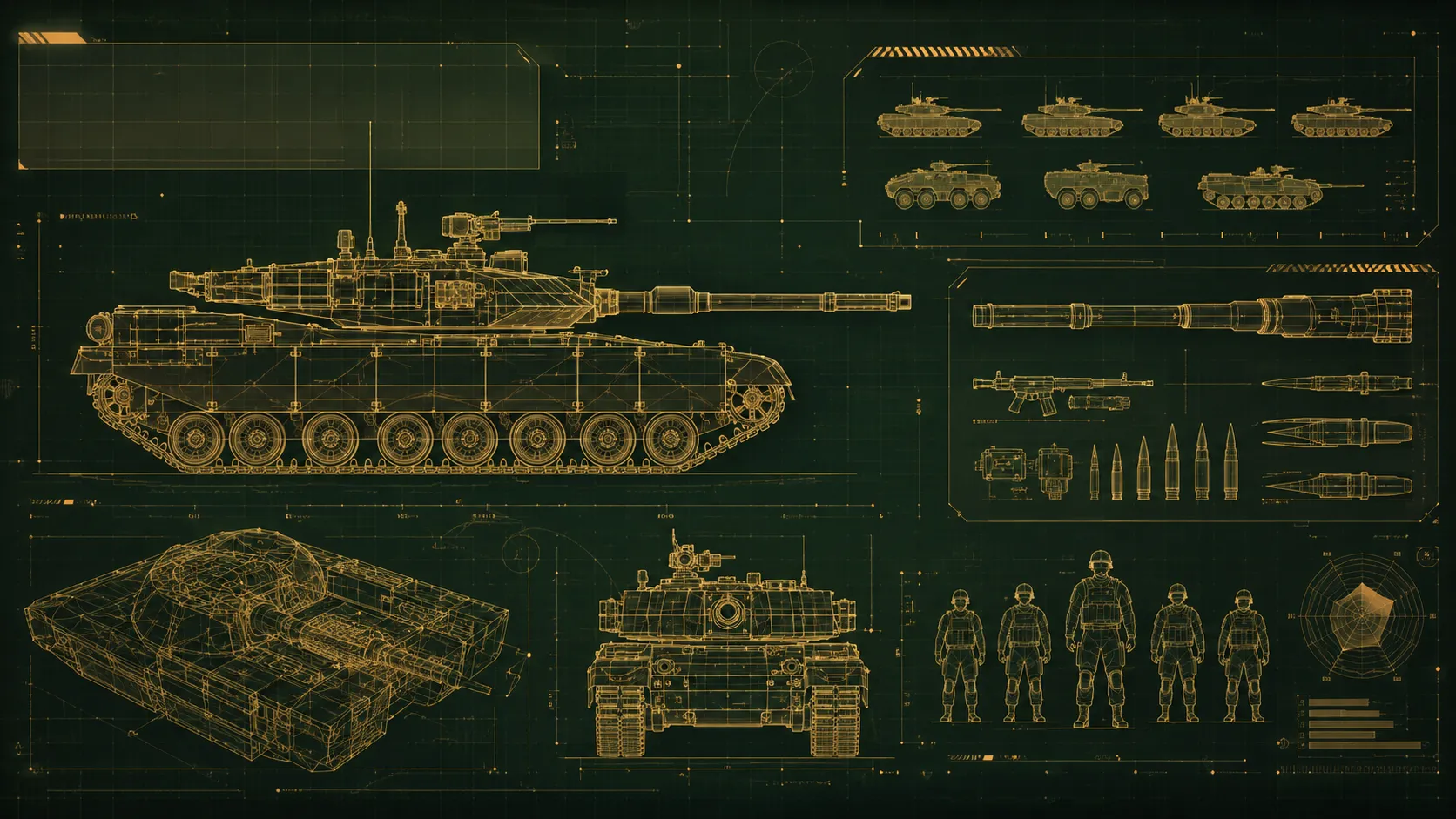 Amber technical blueprint study of an armored vehicle and battlefield equipment